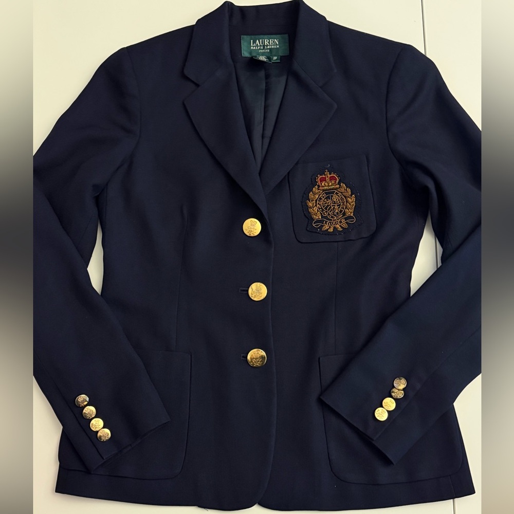 L Ralph Lauren Navy Blue Blazer with Gold Accents Size 2 Petite 100% wool